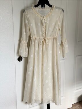 Cream Star-Print Midi Dress with Ruffle Trim